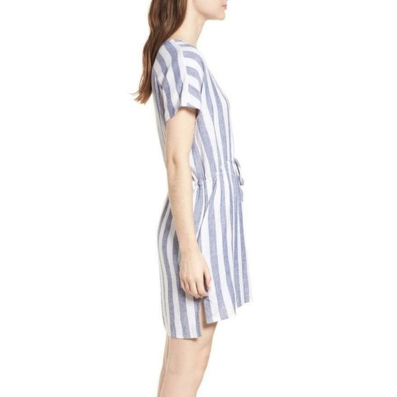 Rails Wren Seattle Linen Blend Blue & White V-Neck Striped Dress Sz Large - Picture 3 of 15